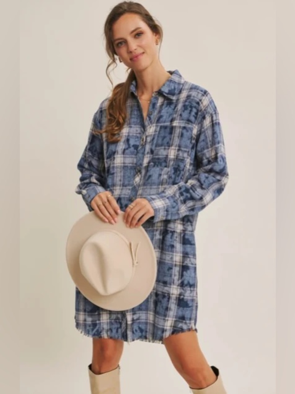 Casual Blue Plaid Long-Sleeve Shirt Dress Size Small